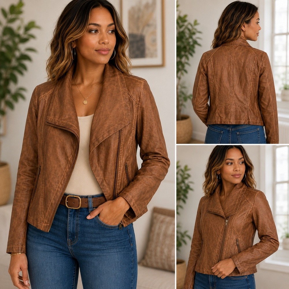 M‎ Bagatelle Womens M Cognac Brown Faux Leather Moto Jacket Asymmetrical Zip